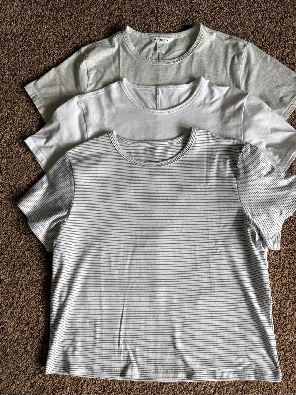 Athleta Women’s Short Sleeve Crew Tees - White, Light Gray & Thin Striped